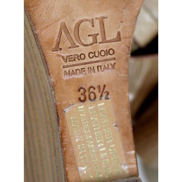 AGL BEIGE GENUINE PATENT LEATHER OPEN TOE MIDDLE HEEL WEDGE SHOES SIZE 36 1/2 - Picture 9 of 10